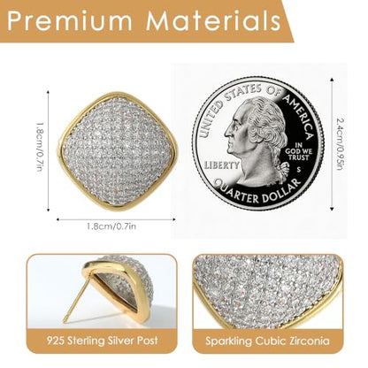 18K Gold Plated Chunky Square & Round Cubic Zirconia Stud Earrings for Women, Hypoallergenic 925 Silver Post Simulated Diamond Wedding Prom Party Bridesmaid Daily Fine Jewelry Gift for Mom Wife Friend - color: EA355-Square-Gold Geometric