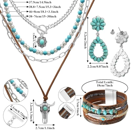 RechicGu Western Jewelry For Women Bohemian Turquoise Dangle Earrings Necklace Bracelet Set, Bullhead Pendant Layered Choker Boho Faux Leather Wristband Country Concert Cowgirl Accessories - color: Jewelry Set C