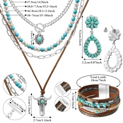 RechicGu Western Jewelry For Women Bohemian Turquoise Dangle Earrings Necklace Bracelet Set, Bullhead Pendant Layered Choker Boho Faux Leather Wristband Country Concert Cowgirl Accessories - color: Jewelry Set C