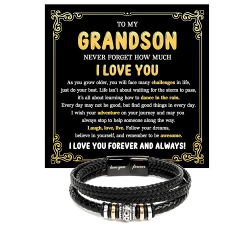 To My GrandSon Bracelet – Love You Forever Braided Leather Bracelet, Meaningful GrandSon Gift from Grandpa & Grandma with Heartfelt Message Card & Elegant Gift Box for Birthday, Christmas - color: Version#3