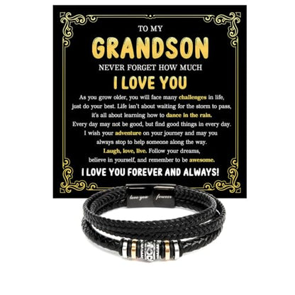To My GrandSon Bracelet – Love You Forever Braided Leather Bracelet, Meaningful GrandSon Gift from Grandpa & Grandma with Heartfelt Message Card & Elegant Gift Box for Birthday, Christmas - color: Version#3