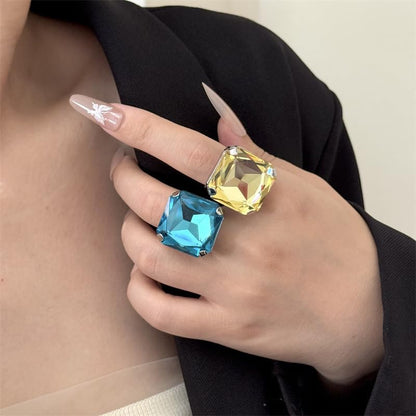 Square Large Rhinestone Exaggerated Statement Ring for Women Sparkling Thick Chunky Geometric Big Crystal Stone Finger Knuckle Band Rings Open Adjustable Wedding Brides Cocktail Prom Party Jewelry - color: Yellow