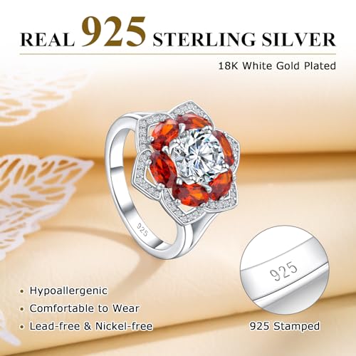 Flower Cocktail Ring for Women Stone Engagement Anniversary Rings | Sterling Silve|Hypoallergenic|Ruby|Sapphire|Emerald|Wedding and Birthday Party Women Statement Ring|Mother and Grandma Gift - color: Garnet (Jan.)