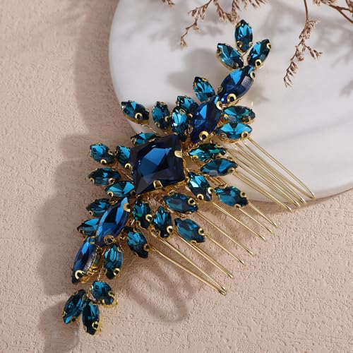Square Rhinestone Hair Comb Silver Gold Rhinestone Wedding Headpiece Handmade Crystal Bridal Hair Comb Bridal Hairpiece for Brides Bridesmaid (gold peacock blue) - color: gold peacock blue