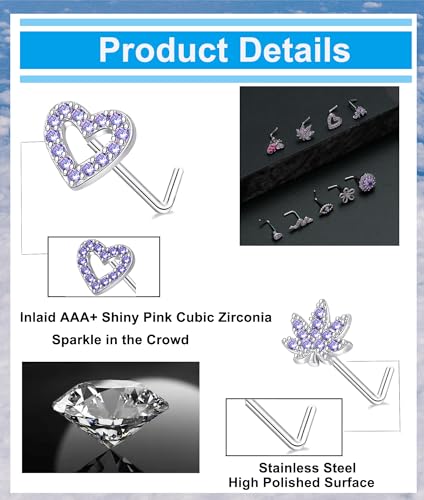 Tornito 16Pcs Nose Stud Rings L Screw Shaped Nose Ring Flower Snake Butterfly Heart Eye CZ Dangle Nose Rings Stud Body Piercing Jewelry for Women Men 20G Silver Pink Tone - color: F:Purple CZ(L Shaped)