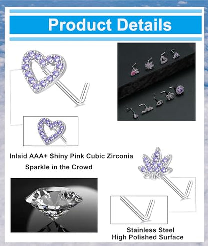 Tornito 16Pcs Nose Stud Rings L Screw Shaped Nose Ring Flower Snake Butterfly Heart Eye CZ Dangle Nose Rings Stud Body Piercing Jewelry for Women Men 20G Silver Pink Tone - color: F:Purple CZ(L Shaped)
