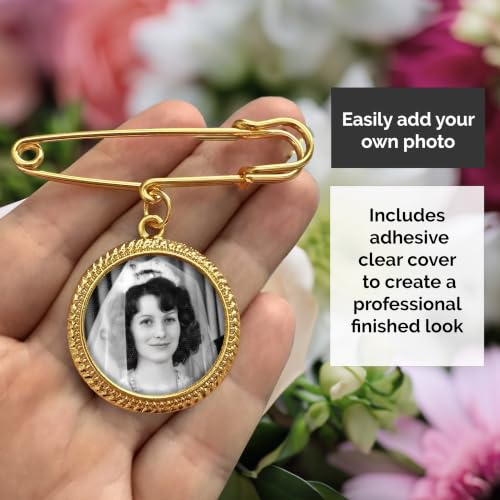 Gold Wedding Bouquet Photo Charm for Bridal Wedding Bouquet | Gold Picture Frame Pin Memorial DIY Photo Charm for Bride or Memorial Boutonniere Pin for Groom. Add Your Own Photo.