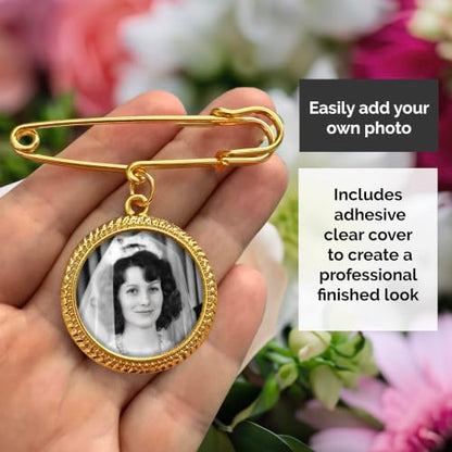 Gold Wedding Bouquet Photo Charm for Bridal Wedding Bouquet | Gold Picture Frame Pin Memorial DIY Photo Charm for Bride or Memorial Boutonniere Pin for Groom. Add Your Own Photo.