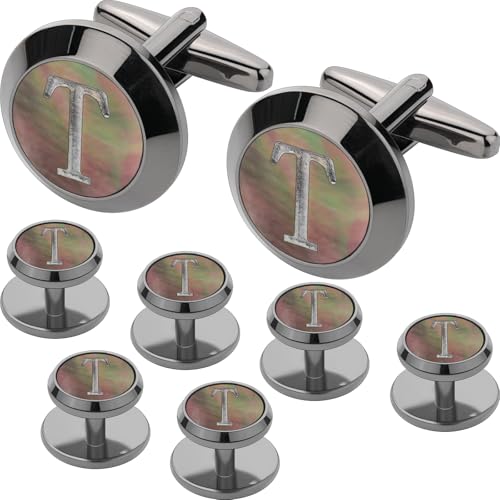 Cuff Links Mens and Tuxedo Studs Set, TAIGRAMA Gun Black Cufflinks for Men and Tuxedo Buttons Initial Tux Shirt Studs Personality Black Mother of Pearl for Formal Shirt Kit Business or Wedding - style: Letter T
