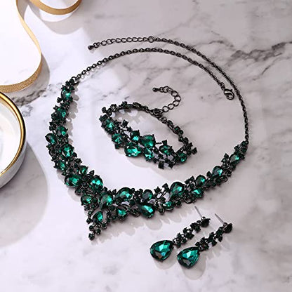 Wedding Bridal Jewelry Set for Women Bride Bridesmaids | Gorgeous Austrian Crystal Teardrop Cluster Statement Necklace Dangle Earrings Link Bracelet Set Prom Jewellery - color: 19-Emerald Color Black-Tone