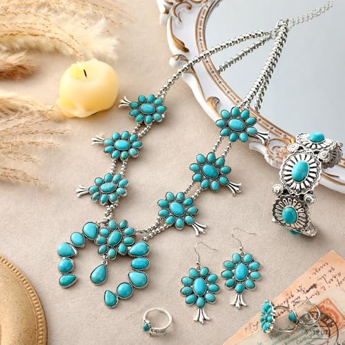 Ecally Bohemian Western Jewelry Turquoise Set Women Country Pendant Long Choker Layered Bracelets Earrings Ring for Women - color: Turquoise, style: Offbeat