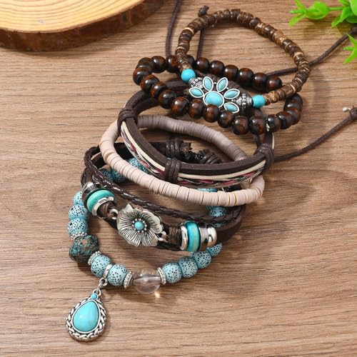 Western Outfits for Women Turquoise Western Bracelets Bohemian Vintage Stackable Beaded Leather Bracelets Adjustable Hand-woven Layered Bracelet Western Country Concert Jewelry for Women - style: Turquoise Flower