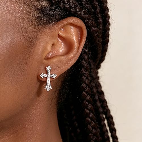 Gold Plated Imitation Diamond Cross Necklace and Earrings Set for Women Cubic Zirconia Trendy Stud Earrings and Cross Pendant Necklaces Jewelry Set Dainty Cross Cute Faith Jewelry Gifts Set - color: Silver