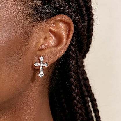 Gold Plated Imitation Diamond Cross Necklace and Earrings Set for Women Cubic Zirconia Trendy Stud Earrings and Cross Pendant Necklaces Jewelry Set Dainty Cross Cute Faith Jewelry Gifts Set - color: Silver