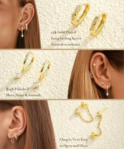 3 Pairs Dangle Hoop Chain Earrings Stacks for Women Trendy Huggie Earring | Non-Tarnish 5A CZ Stones Hoops Earrings Set for Multiple Piercing - style: 14K Gold Plated-Square Dangle