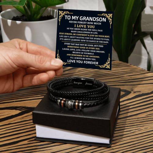 To My GrandSon Bracelet – Love You Forever Braided Leather Bracelet, Meaningful GrandSon Gift from Grandpa & Grandma with Heartfelt Message Card & Elegant Gift Box for Birthday, Christmas - color: Version#5