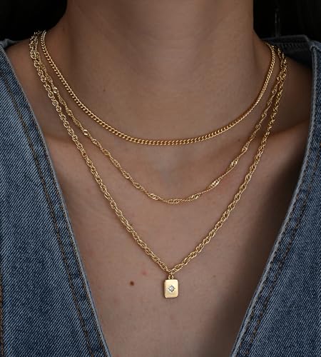 YEEZII Layered Gold Necklaces for Women Trendy, 3 Pcs 14K Gold Plated Choker Paperclip Box Chain Necklace, Stackable Women's Gold Pendant Necklaces Jewelry Set - color: Yellow Gold