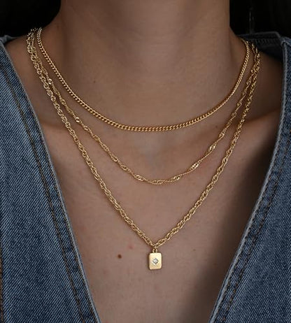 YEEZII Layered Gold Necklaces for Women Trendy, 3 Pcs 14K Gold Plated Choker Paperclip Box Chain Necklace, Stackable Women's Gold Pendant Necklaces Jewelry Set - color: Yellow Gold