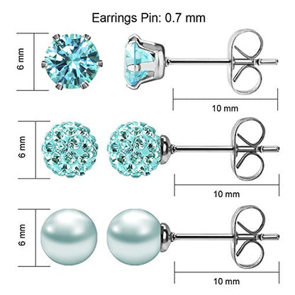 JewelrieShop Birthstone Studs Earring Set Cubic Zirconia Rhinestones Crystal Ball Faux Pearl Stainless Steel Stud Earrings for Women Jewelry Gift (6mm Round,3 Pairs) - color: 12) Dec. - Lake Blue