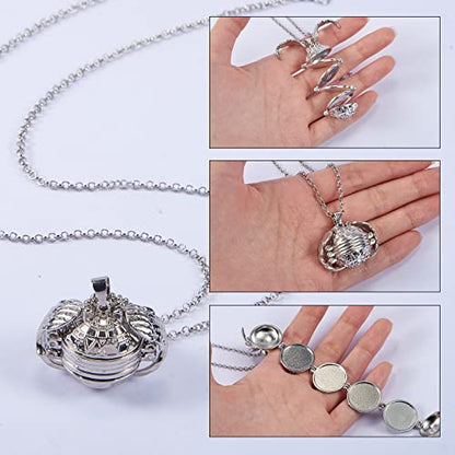 Ornaland Round Expanding Photo Locket Pendant Necklace for Women Men with Angel Wings, 4 Photo Locket Alloy Neck Decoration for Mother's, Platinum, 24.41 inch(62cm)