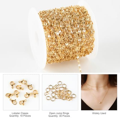 Kyutong Thin Stainless Steel Chain Roll Gold Chain for Jewelry Making | 32.8 Feet Jewelry Chain for Keychain Necklace Bracelet DIY Gold PVD Plated Stainless Chains Bulk with Jewelry Connectors - color: Gold Lip