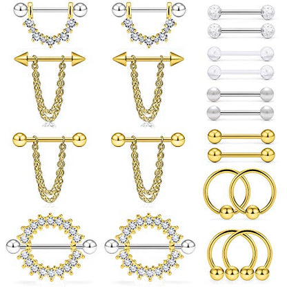Ruifan Surgical Steel Nipple Shield Rings Tongue Barbell Piercing Jewelry Retainer 14G 5/8Inch Chain Dangle Clear CZ For Women Men 2-20PCS - color: 20PCS - Gold