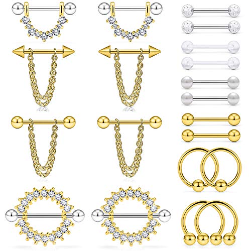 Ruifan Surgical Steel Nipple Shield Rings Tongue Barbell Piercing Jewelry Retainer 14G 5/8Inch Chain Dangle Clear CZ For Women Men 2-20PCS - color: 20PCS - Gold