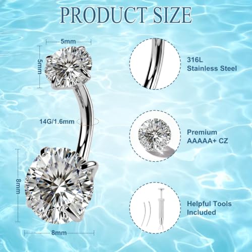 JELUTAR 316L Belly Button Rings, 6 PCS 14G Belly Rings Piercing Kit - color: Silver