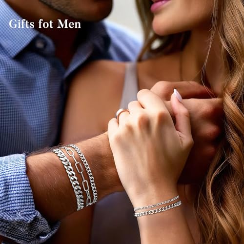 Yoosteel Silver Stackable Bracelets Stack for Men Non Tarnish | Stainless Steel Bracelet Stack, Cuban Rope Figaro Link Chain Bracelets Set, Men Trendy Jewelry Gifts, 3PCS, 7.5/8.3/9.0"