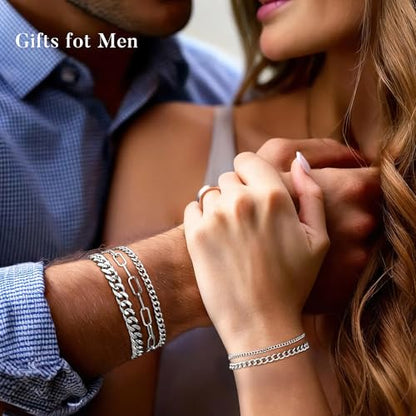 Yoosteel Silver Stackable Bracelets Stack for Men Non Tarnish | Stainless Steel Bracelet Stack, Cuban Rope Figaro Link Chain Bracelets Set, Men Trendy Jewelry Gifts, 3PCS, 7.5/8.3/9.0"
