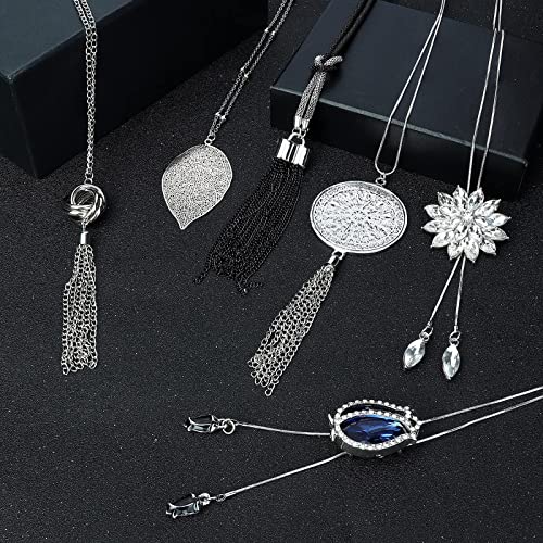 Jstyle 6Pcs Long Pendant Necklaces for Women, Statement Sweater Chain | Long Sweater Y Necklace Set, Fashion Statement Sweater Chain, Silver Flower Disk Circle Leaf Tassel Necklace, Daily Wear - style: Fashion Style