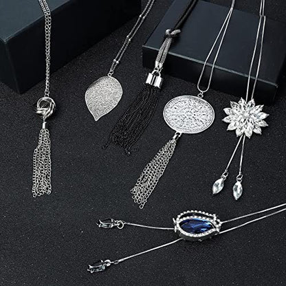 Jstyle 6Pcs Long Pendant Necklaces for Women, Statement Sweater Chain | Long Sweater Y Necklace Set, Fashion Statement Sweater Chain, Silver Flower Disk Circle Leaf Tassel Necklace, Daily Wear - style: Fashion Style