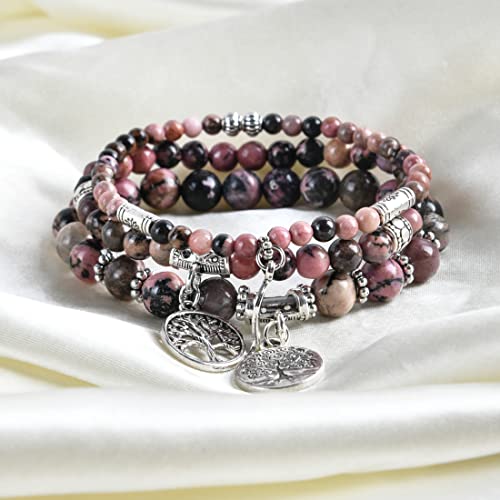 YGLINE Tree of Life Yoga Healing Stone Bracelets,Multilayer Lotus Chakra Stone Reiki Bracelet Sets,Anxiety Crystal Natural Stone,for Women Stress Relief - color: Rhodonite-3w