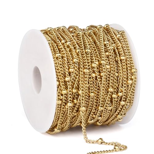 33FT 2mm 18K Gold Plated Satellite Curb Chains Roll Bulk for Jewelry Making | 304 Stainless Steel Gold Ball Beaded Twisted Link Satellite Chain Spool for DIY Craft - color: Gold Small Beads Satellite Curb Chain