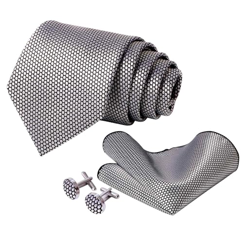 5PCS Mens Silk Tie, Pocket Square, Cufflinks, Drilled Tie Ring and Lapel Pin Set for Wedding Groom Party - color: Silver Gray Tie Set -105