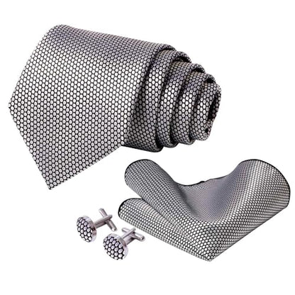 5PCS Mens Silk Tie, Pocket Square, Cufflinks, Drilled Tie Ring and Lapel Pin Set for Wedding Groom Party - color: Silver Gray Tie Set -105
