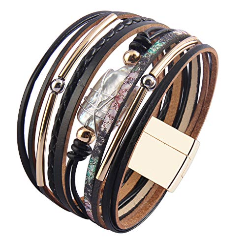 GelConnie Leather Cuff Bracelet Baroque Pearl Wrap Bracelet Gorgeous Gold Tube Bangle Boho Bracelet Bohemian Wristband Jewelry Gift for Women Wife - color: Girls Leather Bracelet-Black