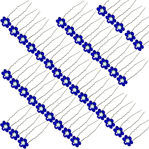 Rhinestone Flower Hair Pins, 40 Pcs U-Shaped Crystal Party Wedding Bridal Hair Accessories for Women Girls (Blue) - color: Blue