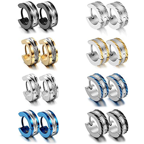 Aroncent Stainless Steel Hoop Earrings: 3-8 Pairs Men Small Hoop Huggie Hinged Earrings Set for Men Women 4mm Valentine Day Gifts - color: A-Updated Version 8PCS
