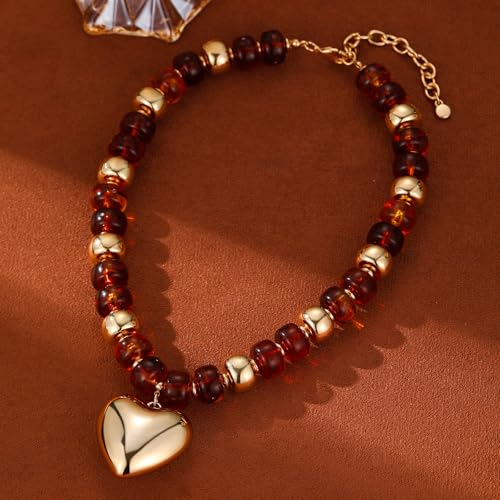 Resin Chunky Colorful Beaded Necklace | Adjustable Boho Statement Necklace,Summer Beach Party Jewelry - color: Heart+Brown