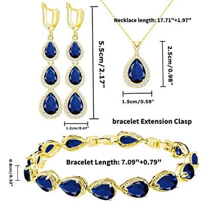 LMXXVJ Necklace Long Earrings Bracelet Set, White Gold Plated Created Blue Sapphire Jewelry Set Wedding Party Gift Jewelry for Women Bridal Bridesmaid - color: Gold-Blue