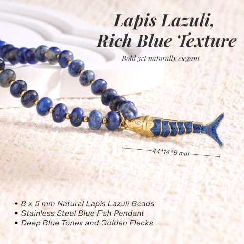 SAMYA Gemstone Beaded Necklace for Women, Natural Stone Ocean Jewelry | Fish or Seashell Pendant Beach Necklace, Gold Spacer Accents, Reinforced Stainless Steel Clasp, Adjustable 16"+2" - color: Lapis Lazuli