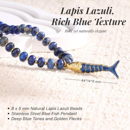 SAMYA Gemstone Beaded Necklace for Women, Natural Stone Ocean Jewelry | Fish or Seashell Pendant Beach Necklace, Gold Spacer Accents, Reinforced Stainless Steel Clasp, Adjustable 16"+2" - color: Lapis Lazuli