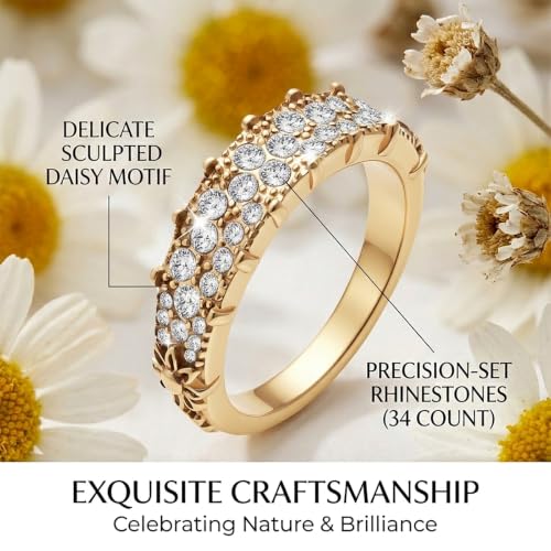 14K Non Tarnish Gold Rings for Women 34 Rhinestones Daisy Accents Stackable Stacking Gold Plated Womens Wedding Rings - color: Gold