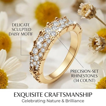 14K Non Tarnish Gold Rings for Women 34 Rhinestones Daisy Accents Stackable Stacking Gold Plated Womens Wedding Rings - color: Gold