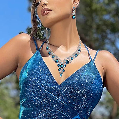 Wedding Bridal Necklace Earrings Jewelry Set for Women | Gorgeous Austrian Crystal Teardrop Flower Cluster for Bridal Bride Bridesmaid - color: 2Pcs-Blue Topaz Silver-Tone
