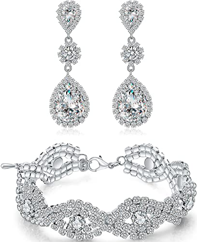 Paxuan Silver/Gold Plated Bridal Wedding Rhinestone Earrings Bracelet Set for Wedding Brides Bridesmaids Crystal Stone Dangle Drop Earrings Link Tennis Bracelet Set for Women Wedding - color: Bracelet and Earrings Set