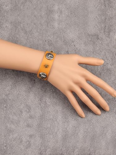 Jeilwiy Punk Leather Wristbands for Men Bracelets Handmade Wide Cuff Bangle Braided Jewelry Black Brown Adjustable - Punk Father's Gifts - color: Rocker Star & Orange