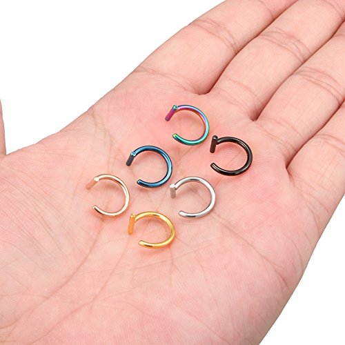 14G T Shaped Stainless Steel Gothic Clip on Non piercing Double Fake Cuff Lip Nose Ring Septum Hoop Women Men 6pcs - color: 6PCS - Mix Color 3#