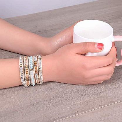 Plumiss Women Boho Handmade Natural Stone Crystal Leather Bead Wrap Bracelets Collection - style: White Stylish 5W